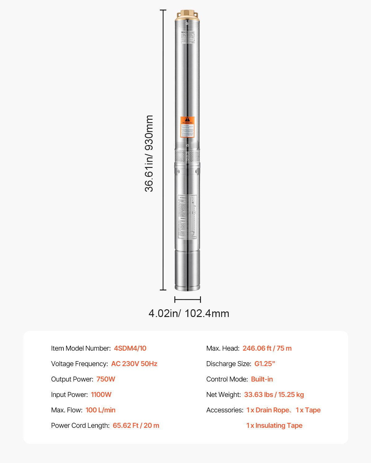750W Stainless Steel Deep Well Submersible Pump Water Pump 246ft 100L/min