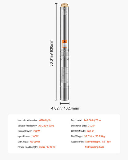 750W Stainless Steel Deep Well Submersible Pump Water Pump 246ft 100L/min