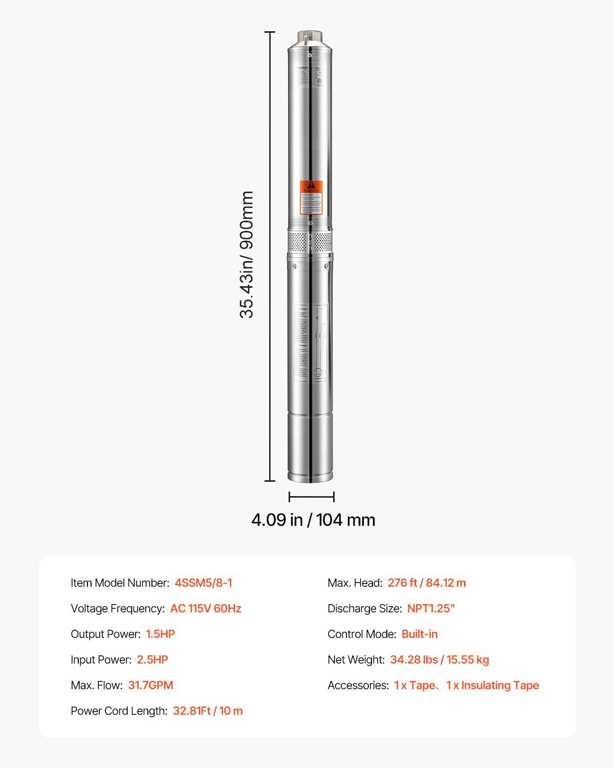 Deep Well Submersible Pump, 1.5 HP Output Power, 115V, 31.7 GPM Flow 276 ft Head, with 32.81 ft Cord, Stainless Steel Water Pump, for Industrial, Irrigation, and Home Use, IP68 Waterproof Grade