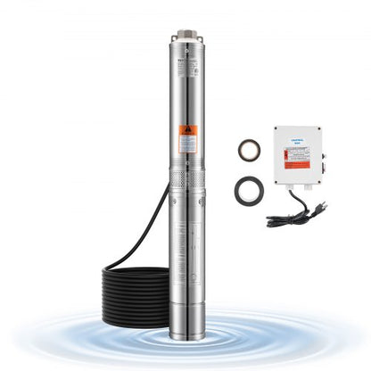 Deep Well Submersible Pump, 1 HP Output Power, 115V, 31.7 GPM Flow 207 ft Head, with 32.81 ft Cord External Control Box, Stainless Steel Water Pump, for Industrial Irrigation and Home Use, IP68