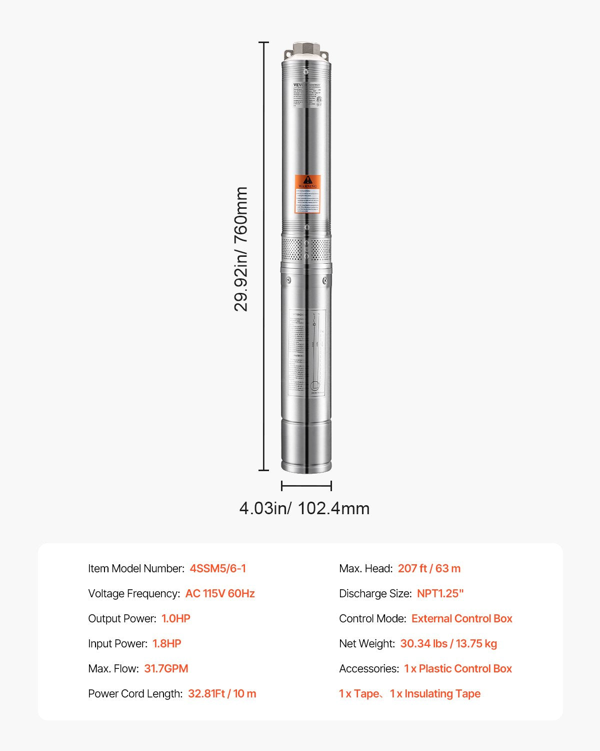 Deep Well Submersible Pump, 1 HP Output Power, 115V, 31.7 GPM Flow 207 ft Head, with 32.81 ft Cord External Control Box, Stainless Steel Water Pump, for Industrial Irrigation and Home Use, IP68