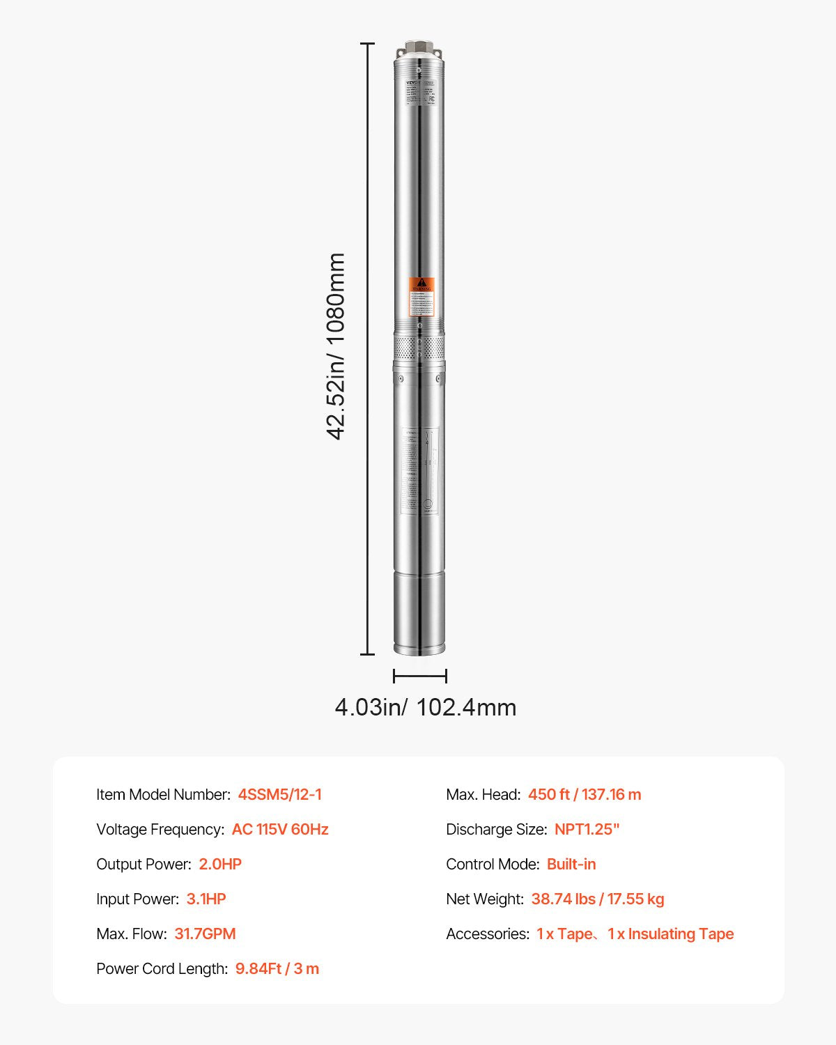 Deep Well Submersible Pump, 2 HP Output Power, 115V, 31.7 GPM Flow 450 ft Head, with 9.84 ft Cord, Stainless Steel Water Pump, for Industrial, Irrigation, and Home Use, IP68 Waterproof Grade