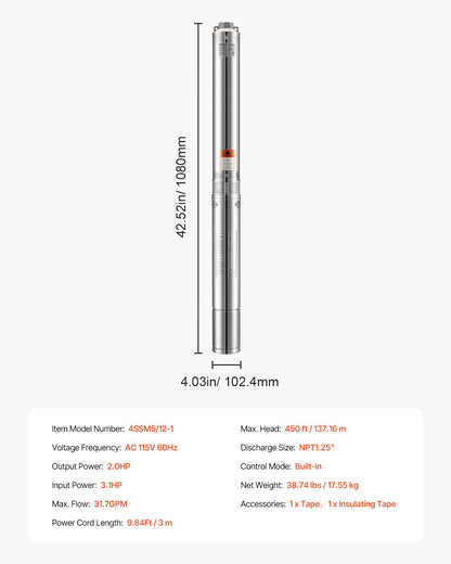 Deep Well Submersible Pump, 2 HP Output Power, 115V, 31.7 GPM Flow 450 ft Head, with 9.84 ft Cord, Stainless Steel Water Pump, for Industrial, Irrigation, and Home Use, IP68 Waterproof Grade