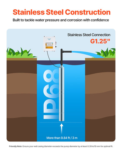 550W Submersible Deep Well Pump Stainless Steel Water Pump 174ft 100L/min