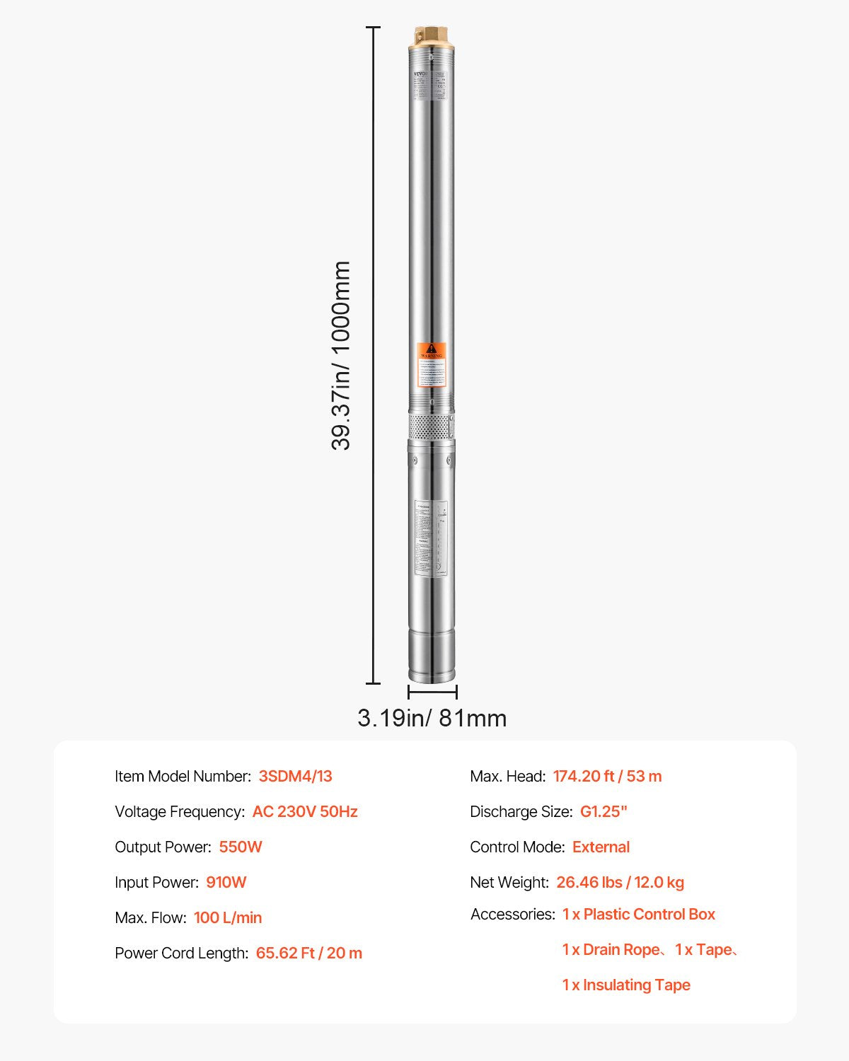 550W Submersible Deep Well Pump Stainless Steel Water Pump 174ft 100L/min