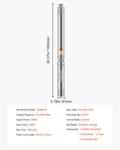 550W Submersible Deep Well Pump Stainless Steel Water Pump 174ft 100L/min