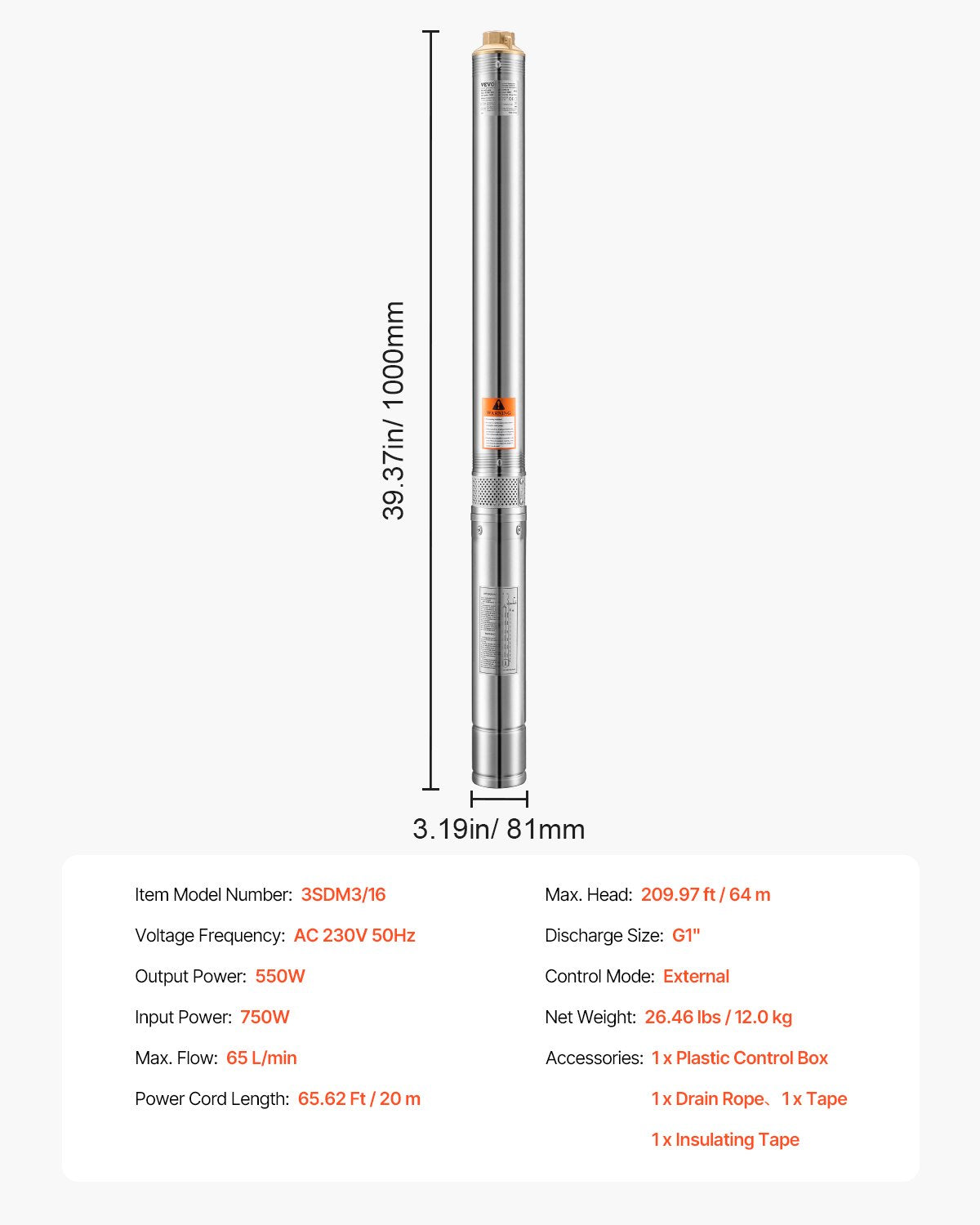 750W Stainless Steel Deep Well Submersible Pump Water Pump 210ft 65L/min