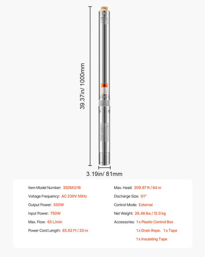 750W Stainless Steel Deep Well Submersible Pump Water Pump 210ft 65L/min