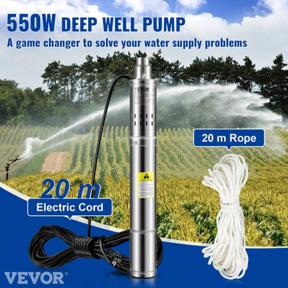 Deep Well Submersible Pump, 550W 230V/50Hz, 35L/min 108 m Head Sand Resistant &lt;5%, 20 m Electric Cable, 7.6 cm Stainless Steel Water Pumps for Industry, Irrigation and Home Use, IP68 Waterproof