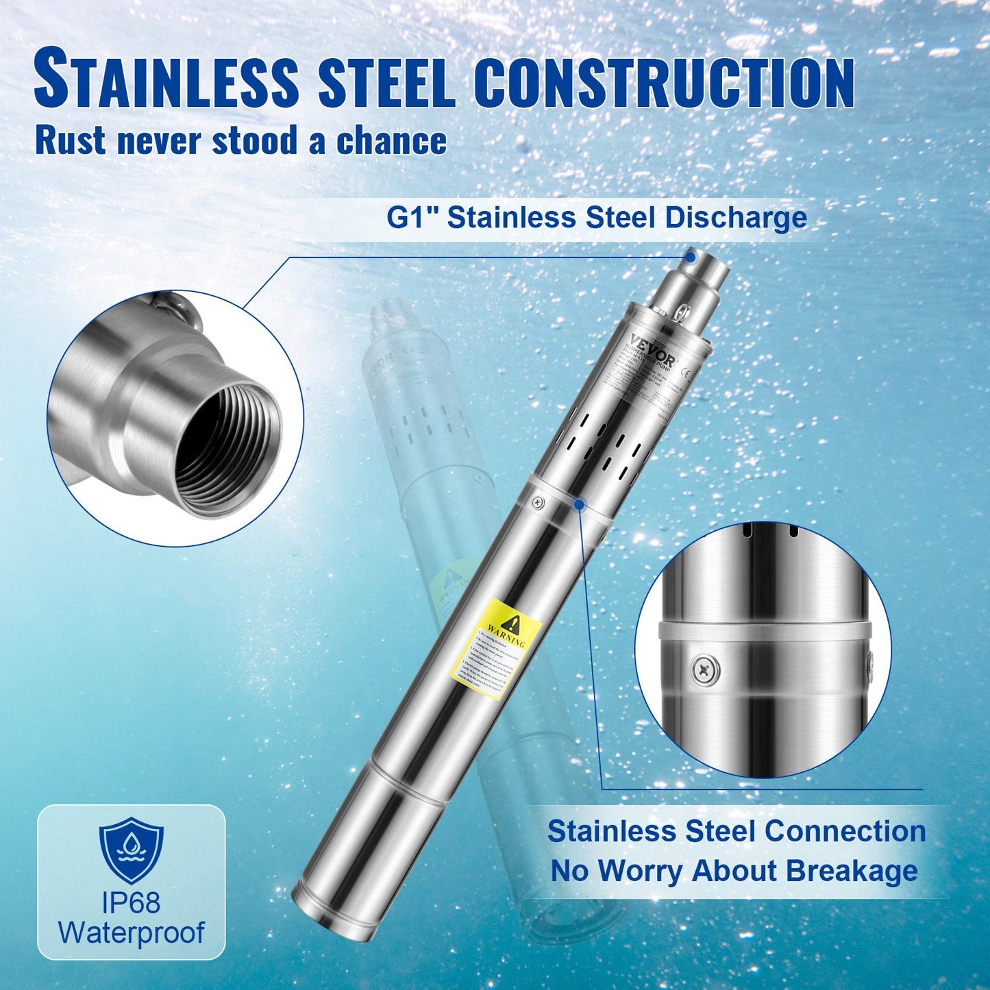 Deep Well Submersible Pump, 550W 230V/50Hz, 35L/min 108 m Head Sand Resistant &lt;5%, 20 m Electric Cable, 7.6 cm Stainless Steel Water Pumps for Industry, Irrigation and Home Use, IP68 Waterproof