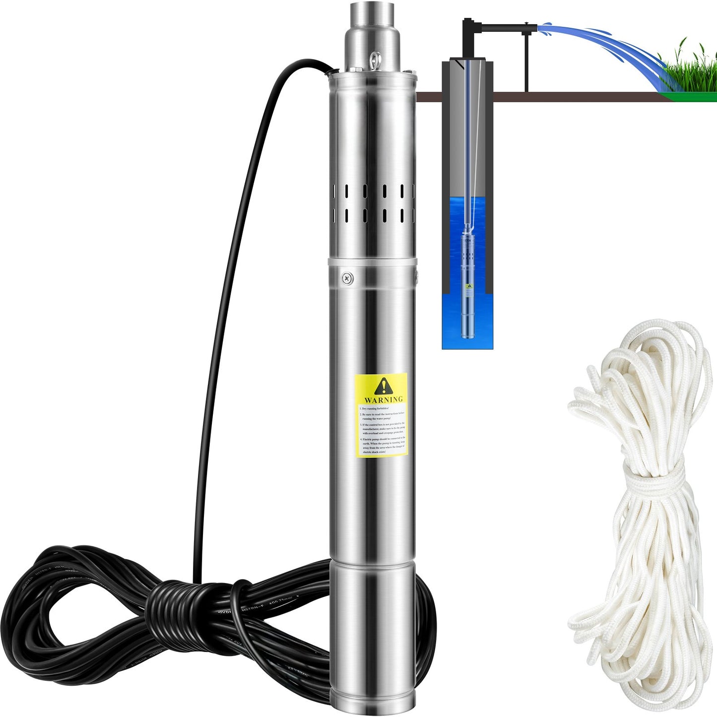 Deep Well Submersible Pump, 550W 230V/50Hz, 35L/min 108 m Head Sand Resistant &lt;5%, 20 m Electric Cable, 7.6 cm Stainless Steel Water Pumps for Industry, Irrigation and Home Use, IP68 Waterproof