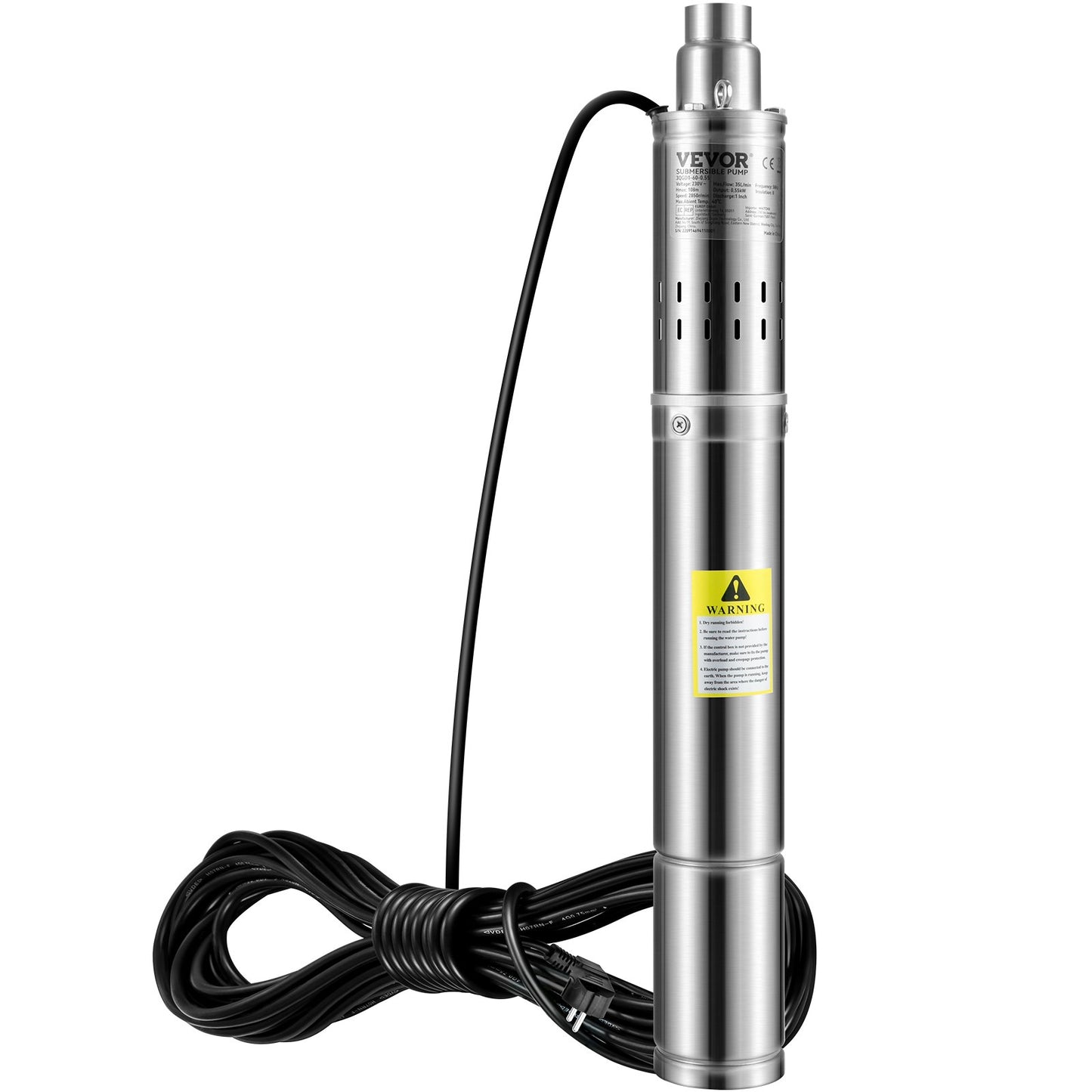 Deep Well Submersible Pump, 550W 230V/50Hz, 35L/min 108 m Head Sand Resistant &lt;5%, 20 m Electric Cable, 7.6 cm Stainless Steel Water Pumps for Industry, Irrigation and Home Use, IP68 Waterproof