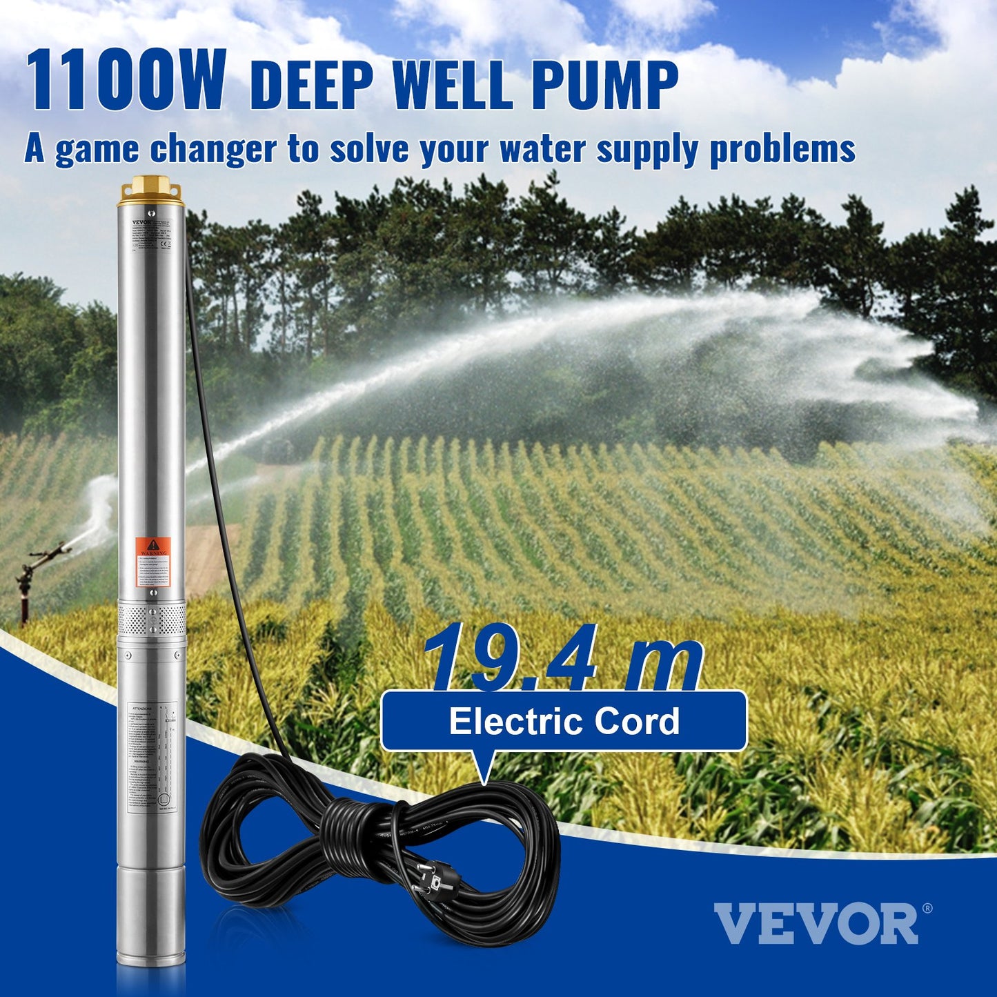 Submersible pump with deep well in stainless steel Water pump 1100W 7.1 m³/h 105 m