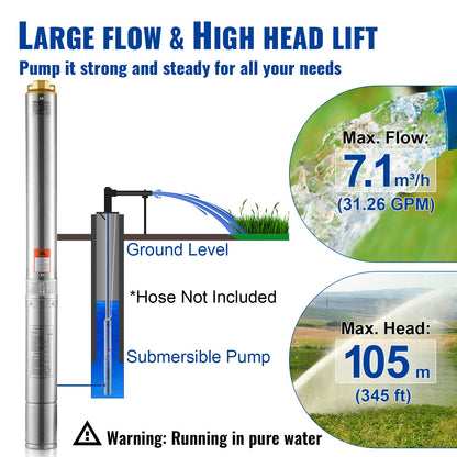 Submersible pump with deep well in stainless steel Water pump 1100W 7.1 m³/h 105 m
