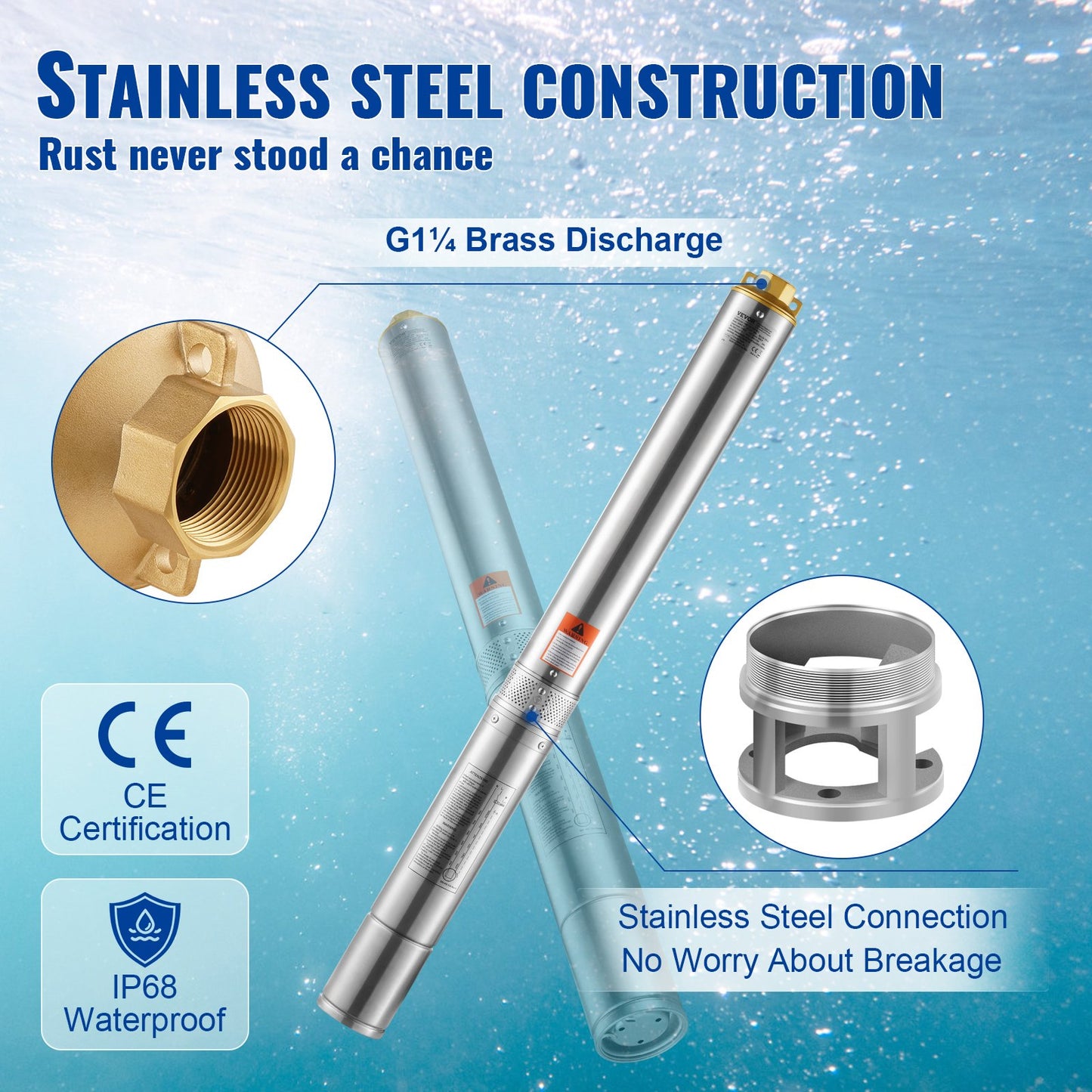 Submersible pump with deep well in stainless steel Water pump 1100W 7.1 m³/h 105 m