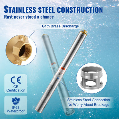 Submersible pump with deep well in stainless steel Water pump 1100W 7.1 m³/h 105 m