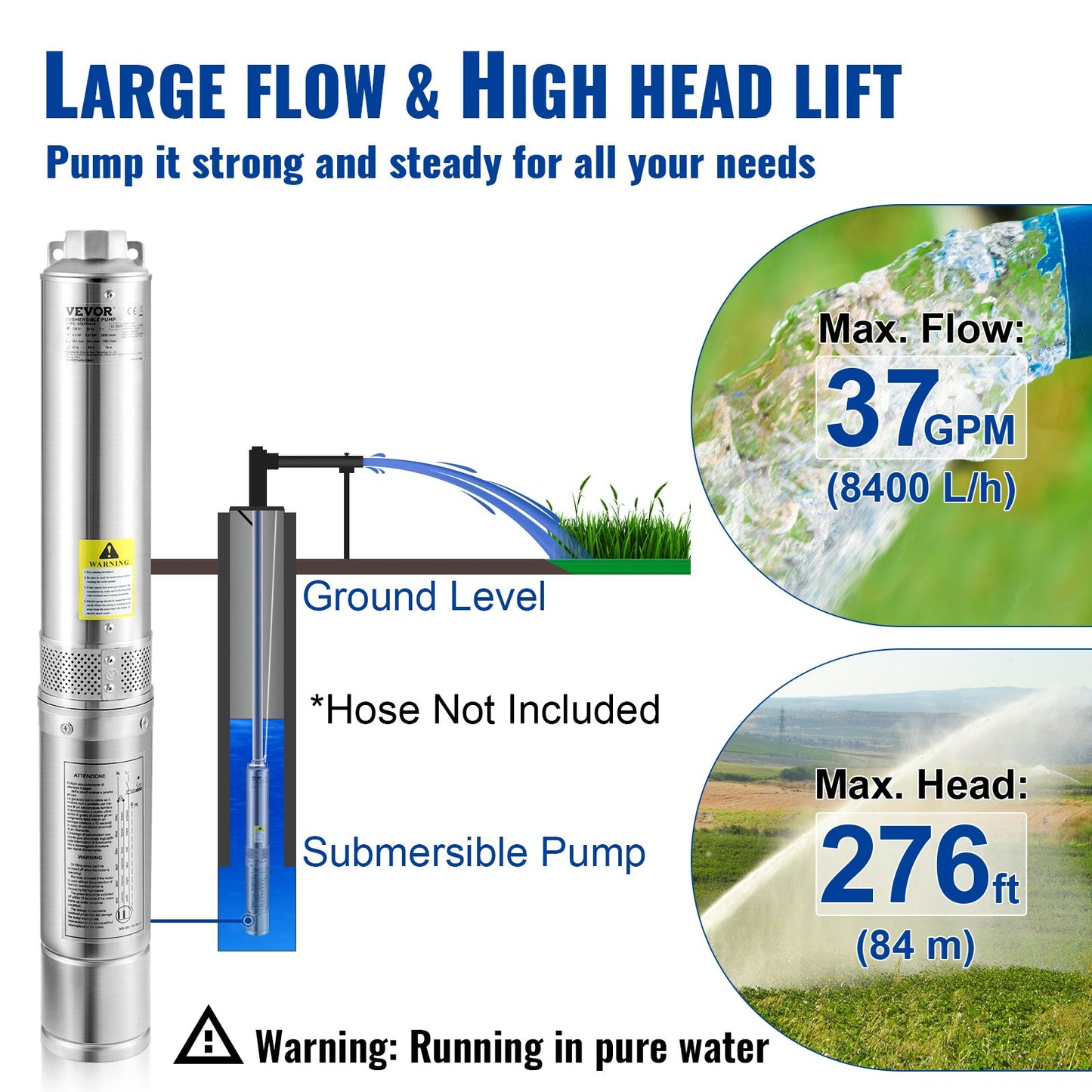 Deep Well Submersible Pump, 1.5HP 230V/60Hz, 37gpm 276ft Head, with 33ft Electric Cord, 4" Stainless Steel Water Pumps for Industrial, Irrigation and Home Use, IP68 Waterproof Grade