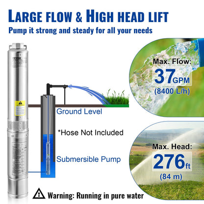 Deep Well Submersible Pump, 1.5HP 230V/60Hz, 37gpm 276ft Head, with 33ft Electric Cord, 4" Stainless Steel Water Pumps for Industrial, Irrigation and Home Use, IP68 Waterproof Grade