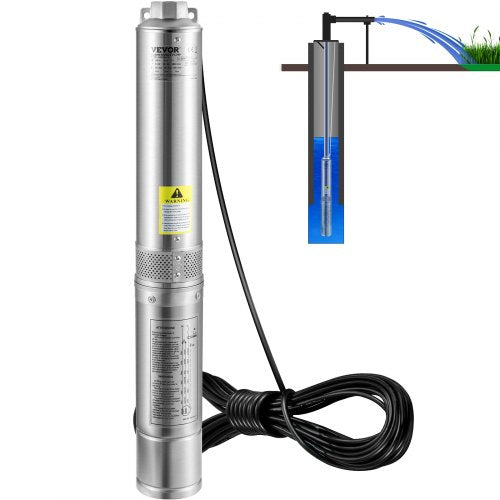 Deep Well Submersible Pump, 0.5HP 230V/60Hz, 28gpm 167ft Head, with 33ft Electric Cord, 4" Stainless Steel Water Pumps for Industrial, Irrigation and Home Use, IP68 Waterproof Grade