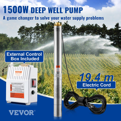 Submersible deep well pump 1500W Power 9.8 m³/h Max flow 108m Max head stainless steel water pump IP68 Waterproof with external control box for industry, farmland or home use