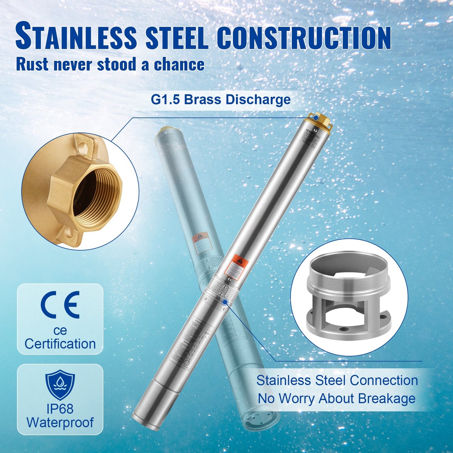 Submersible deep well pump 1500W Power 9.8 m³/h Max flow 108m Max head stainless steel water pump IP68 Waterproof with external control box for industry, farmland or home use