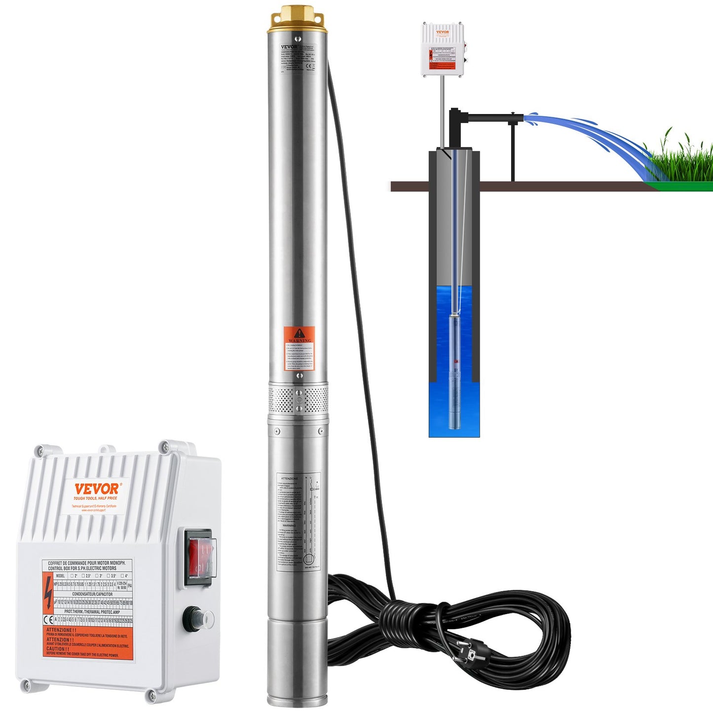Submersible deep well pump 1500W Power 9.8 m³/h Max flow 108m Max head stainless steel water pump IP68 Waterproof with external control box for industry, farmland or home use