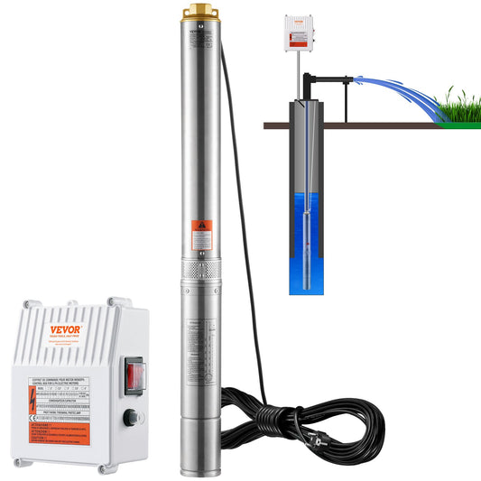 Submersible deep well pump 1500W Power 9.8 m³/h Max flow 108m Max head stainless steel water pump IP68 Waterproof with external control box for industry, farmland or home use