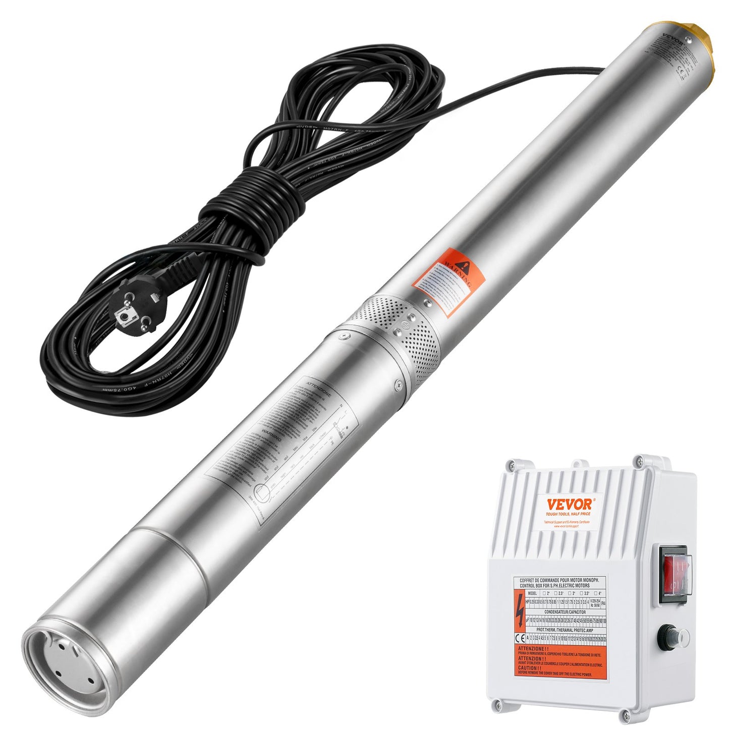 Submersible deep well pump 1500W Power 9.8 m³/h Max flow 108m Max head stainless steel water pump IP68 Waterproof with external control box for industry, farmland or home use