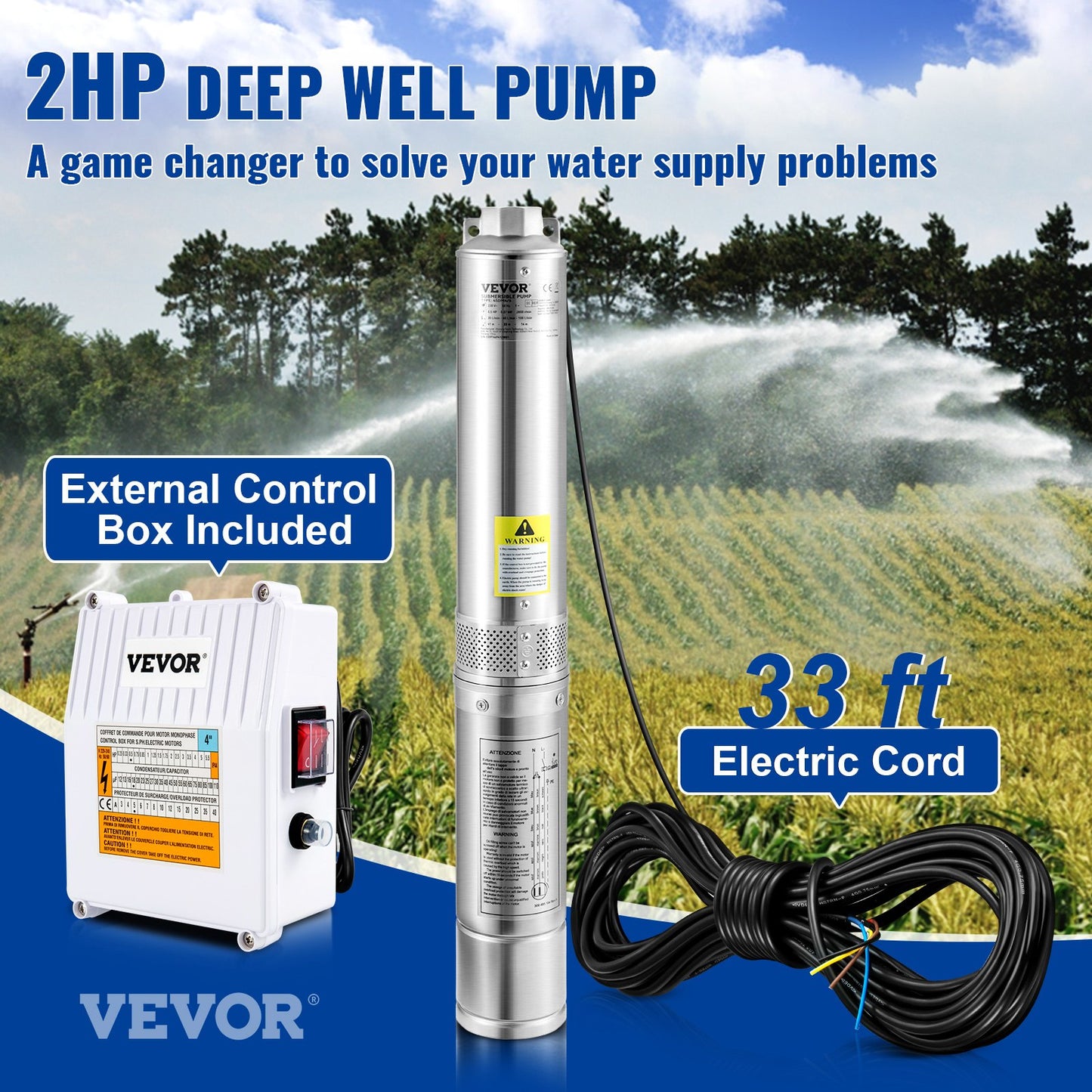 Deep Well Submersible Pump, 2HP 230V/60Hz, 37GPM 427 ft Head, with 33 ft Cord & External Control Box, 4 inch Stainless Steel Water Pumps for Industrial, Irrigation and Home Use, IP68 Waterproof