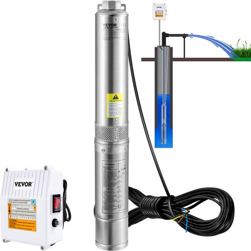 Deep Well Submersible Pump, 3HP 230V/60Hz, 37GPM 640 ft Head, with 33 ft Cord & External Control Box, 4 inch Stainless Steel Water Pumps for Industrial, Irrigation and Home Use, IP68 Waterproof