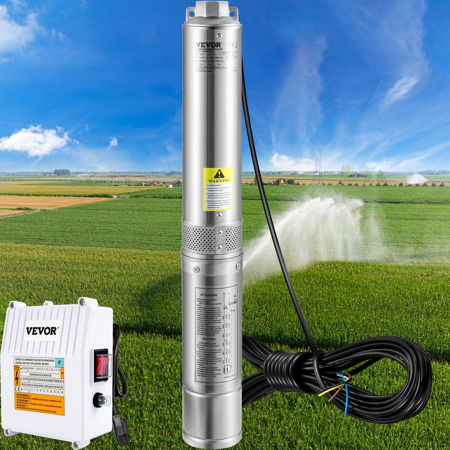 Deep Well Submersible Pump, 3HP 230V/60Hz, 37GPM 640 ft Head, with 33 ft Cord & External Control Box, 4 inch Stainless Steel Water Pumps for Industrial, Irrigation and Home Use, IP68 Waterproof