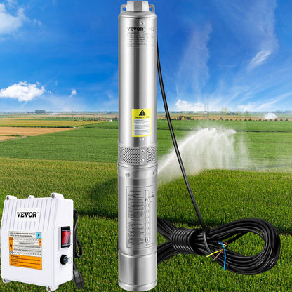 Deep Well Submersible Pump, 3HP 230V/60Hz, 37GPM 640 ft Head, with 33 ft Cord & External Control Box, 4 inch Stainless Steel Water Pumps for Industrial, Irrigation and Home Use, IP68 Waterproof