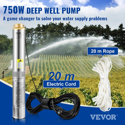Deep Well Submersible Pump, 750W 230V/50Hz, 100L/min 66 m Head Sand Resistant &lt;5%, 20 m Power Cable, 7.6 cm Stainless Steel Water Pumps for Industry, Irrigation and Home Use, IP68 Waterproof