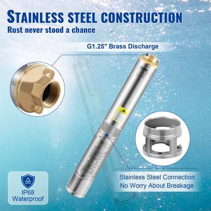 Deep Well Submersible Pump, 750W 230V/50Hz, 100L/min 66 m Head Sand Resistant &lt;5%, 20 m Power Cable, 7.6 cm Stainless Steel Water Pumps for Industry, Irrigation and Home Use, IP68 Waterproof