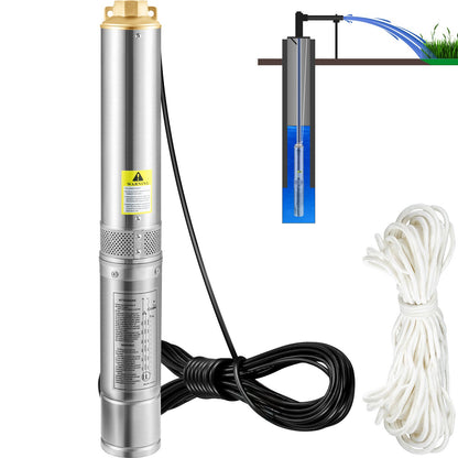 Deep Well Submersible Pump, 750W 230V/50Hz, 100L/min 66 m Head Sand Resistant &lt;5%, 20 m Power Cable, 7.6 cm Stainless Steel Water Pumps for Industry, Irrigation and Home Use, IP68 Waterproof