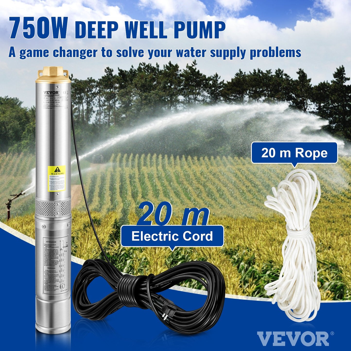 Deep Well Submersible Pump, 750W 230V/50Hz, 105L/min 62 m Head Sand Resistant &lt;5%, 20 m Power Cable, 8.9 cm Stainless Steel Water Pumps for Industry, Irrigation and Home Use, IP68 Waterproof