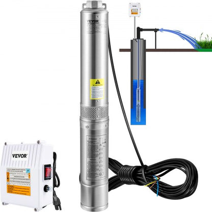 Deep Well Submersible Pump, 1.5HP 115V/60Hz, 37gpm 276ft Head, with 33ft Cord & External Control Box, 4" Stainless Steel Water Pump for Industrial, Irrigation and Home Use, IP68 Waterproof