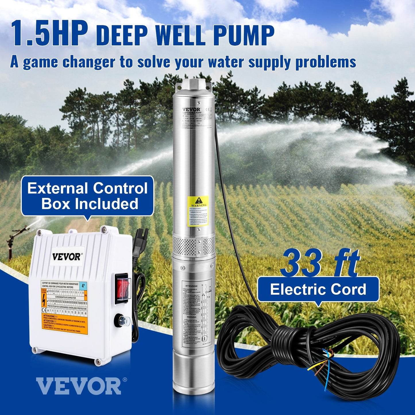 Deep Well Submersible Pump, 1.5HP 115V/60Hz, 37gpm 276ft Head, with 33ft Cord & External Control Box, 4" Stainless Steel Water Pump for Industrial, Irrigation and Home Use, IP68 Waterproof