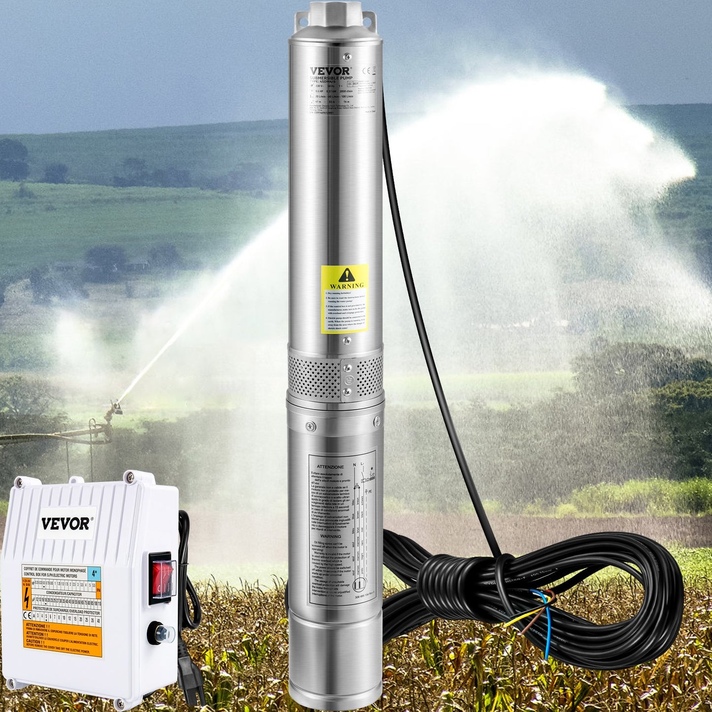 Deep Well Submersible Pump, 1.5HP 115V/60Hz, 37gpm 276ft Head, with 33ft Cord & External Control Box, 4" Stainless Steel Water Pump for Industrial, Irrigation and Home Use, IP68 Waterproof
