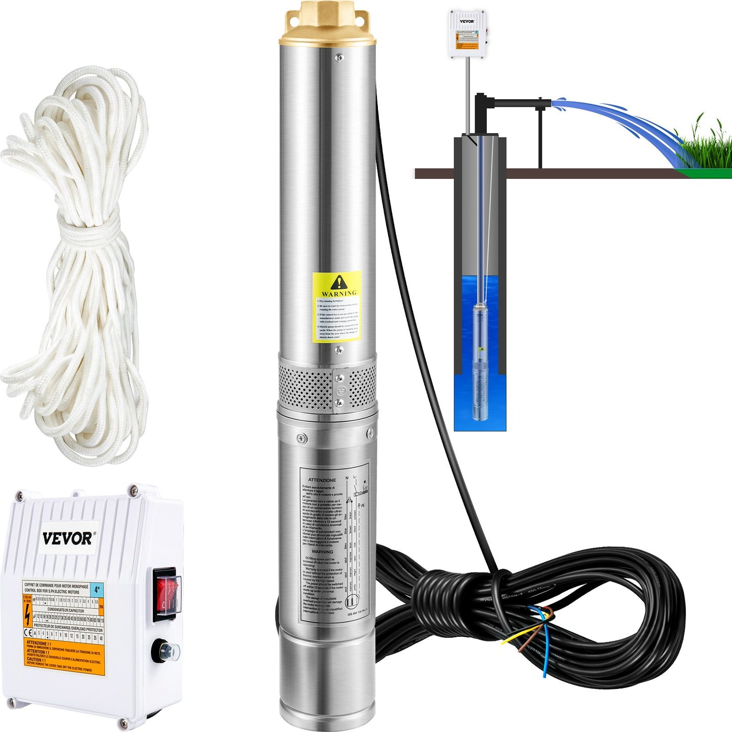 Submersible deep well pump, 1100W 230V/50Hz, 190L/min 57 m head, with 20 m cord &amp; external control box, 10.2 cm stainless steel water pumps for industry, irrigation and home use, IP68 waterproof