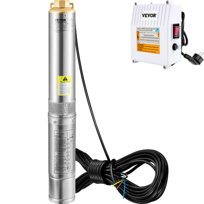 Submersible deep well pump, 1100W 230V/50Hz, 190L/min 57 m head, with 20 m cord &amp; external control box, 10.2 cm stainless steel water pumps for industry, irrigation and home use, IP68 waterproof