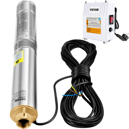 Submersible deep well pump, 1100W 230V/50Hz, 190L/min 57 m head, with 20 m cord &amp; external control box, 10.2 cm stainless steel water pumps for industry, irrigation and home use, IP68 waterproof
