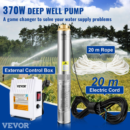 Submersible deep well pump, 370W 230V/50Hz, 110L/min 44m head, with 20m cord &amp; external control box, 10.2cm stainless steel water pumps for industry, irrigation and home use, IP68 waterproof