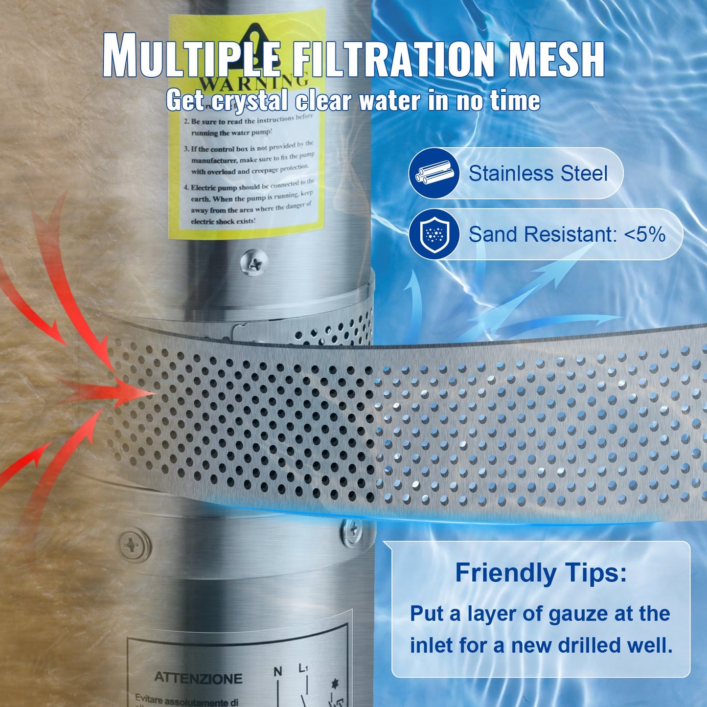 Submersible deep well pump, 370W 230V/50Hz, 110L/min 44m head, with 20m cord &amp; external control box, 10.2cm stainless steel water pumps for industry, irrigation and home use, IP68 waterproof