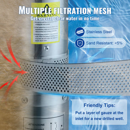 Submersible deep well pump, 370W 230V/50Hz, 110L/min 44m head, with 20m cord &amp; external control box, 10.2cm stainless steel water pumps for industry, irrigation and home use, IP68 waterproof