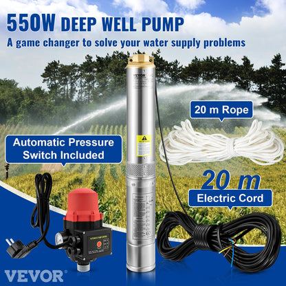 Tiefbrunnen-Tauchpumpe, 550 W, 230 V/50 Hz, 50 l/min, 89 m Förderhöhe, 20 m Kabel und automatischer Druckschalter, 7,6 cm Edelstahl-Wasserpumpen für Industrie, Bewässerung und Heimgebrauch, IP68 wasserdicht