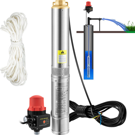 Deep Well Submersible Pump, 550W 230V/50Hz, 50L/min 89m Head, 20m Cord and Automatic Pressure Switch, 7.6cm Stainless Steel Water Pumps for Industrial, Irrigation and Home Use, IP68 Waterproof