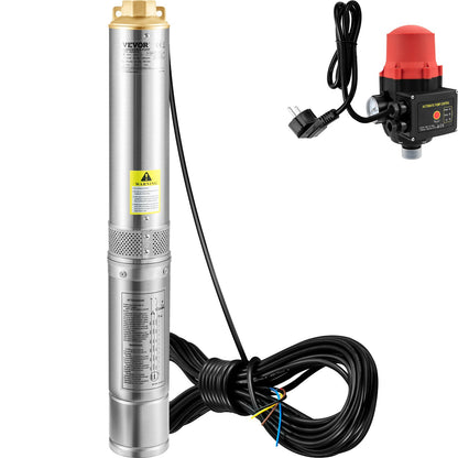 Tiefbrunnen-Tauchpumpe, 550 W, 230 V/50 Hz, 50 l/min, 89 m Förderhöhe, 20 m Kabel und automatischer Druckschalter, 7,6 cm Edelstahl-Wasserpumpen für Industrie, Bewässerung und Heimgebrauch, IP68 wasserdicht