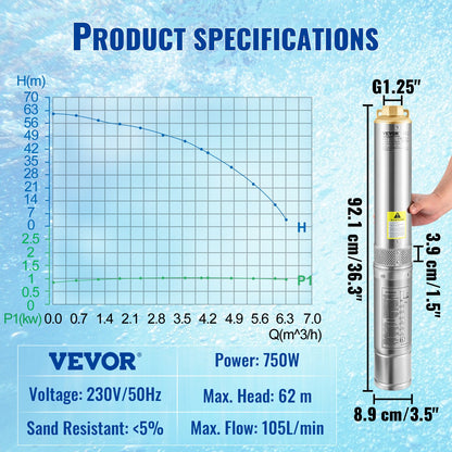 Tauchpumpe für Tiefbrunnen, 750 W, 230 V/50 Hz, 105 l/min, 62 m Förderhöhe, 20 m Kabel und automatischer Druckschalter, 8,9 cm Edelstahl-Wasserpumpen für Industrie, Bewässerung und Heimgebrauch, IP68 wasserdicht