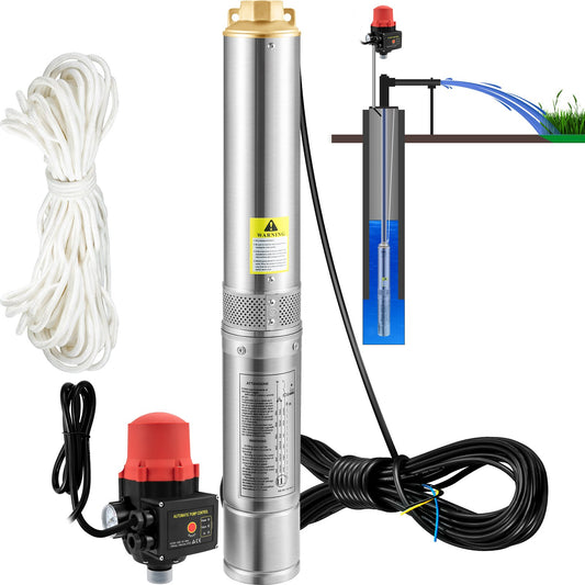 Submersible deep well pump, 750W 230V/50Hz, 105L/min 62m head, 20m cord and automatic pressure switch, 8.9cm stainless steel water pumps for industry, irrigation and home use, IP68 waterproof